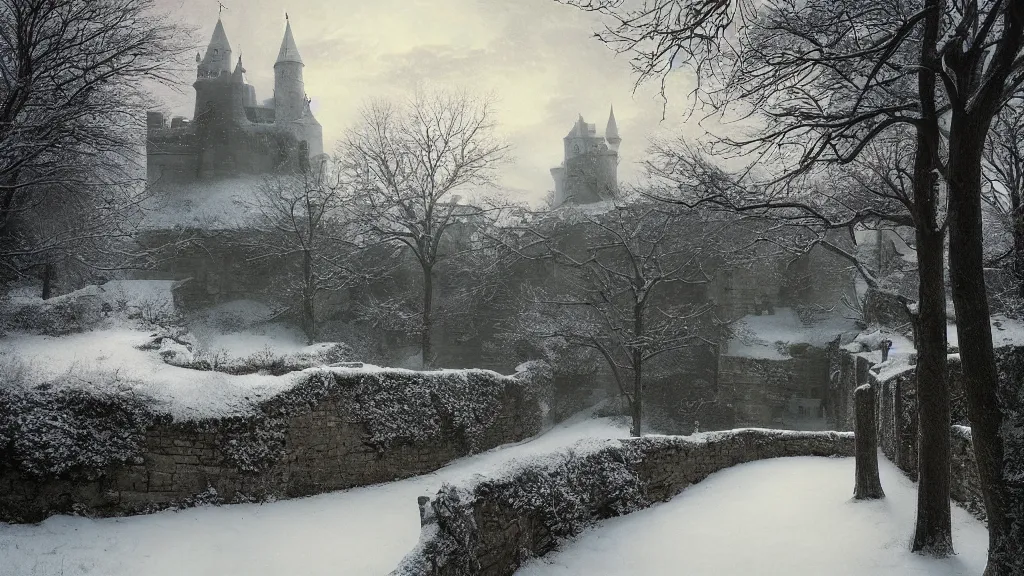 Image similar to the tall castle walls overshadow the secret garden in winter. andreas achenbach, artgerm, mikko lagerstedt, zack snyder, tokujin yoshioka