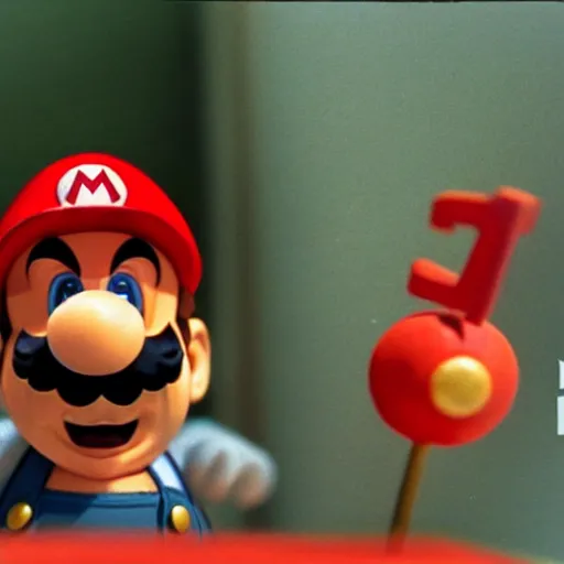 Prompt: Mario Mario in a still from the short movie The Wrong Trousers (1993), stopmotion animation, detailed plasticine models, 4k