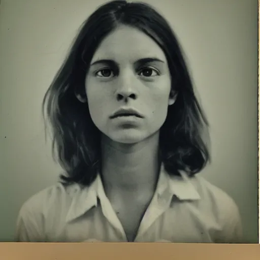 Image similar to Mugshot Portrait of Coucou Chloe, taken in the 1970s, photo taken on a 1970s polaroid camera, grainy, real life, hyperrealistic, ultra realistic, realistic, highly detailed, epic, HD quality, 8k resolution, body and headshot, film still, front facing, front view, headshot and bodyshot, detailed face, very detailed face