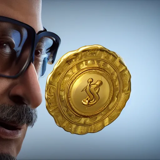 Image similar to hyperrealistic dslr film still of jeff goldblum disguised as gold doubloon, stunning 8 k octane comprehensive 3 d render, inspired by istvan sandorfi & greg rutkowski & unreal engine, perfect symmetry, dim volumetric cinematic lighting, extremely hyper - detailed, incredibly real lifelike attributes & flesh texture, intricate, masterpiece, artstation, stunning