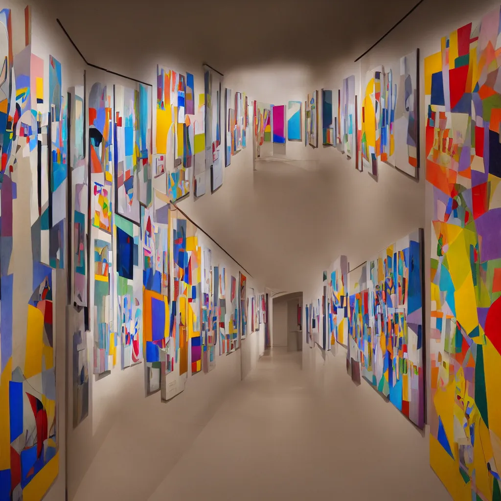 Prompt: photograph of a corridor in an kandinsky exhibition, lots of paintings on the walls, perspective, award - winning