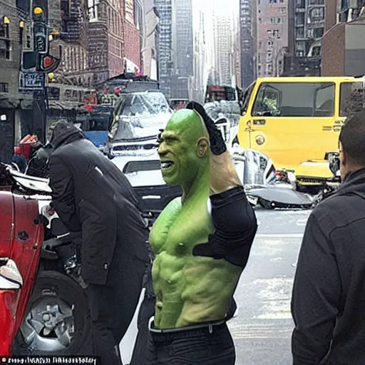 Image similar to breaking news, Dwayne the rock Johnson has become the Incredible Hulk and is bringing destruction to New York City as he smashes pavement and flips cars