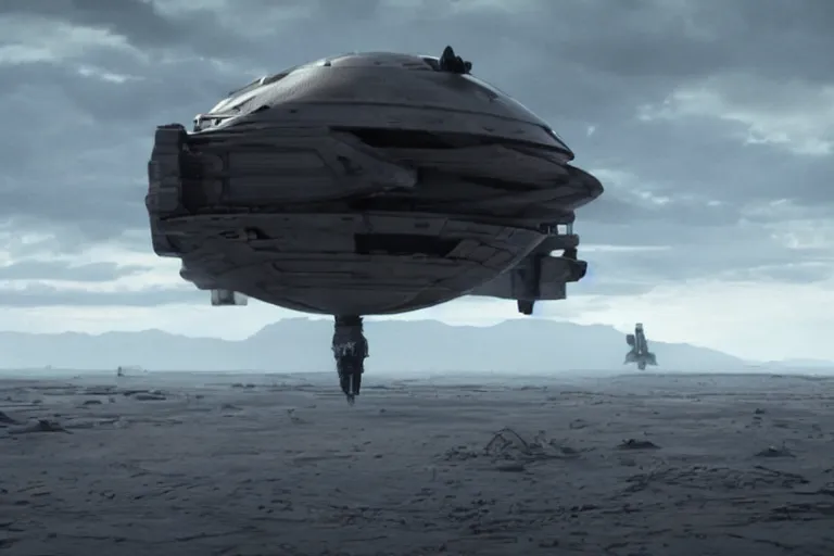 Image similar to VFX movie of a futuristic spaceship landing in war zone, natural lighting by Emmanuel Lubezki