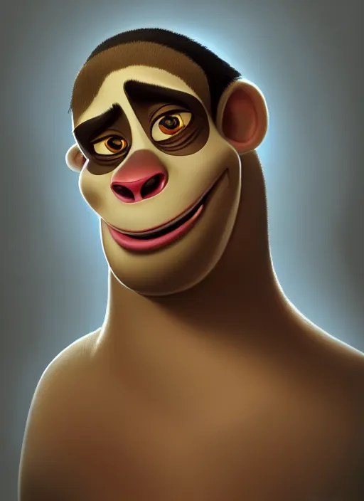 Prompt: a portrait of humanization of melman from madagascar, fat, grim - lighting, high - contrast, intricate, elegant, highly detailed, digital painting, artstation, concept art, smooth, sharp focus, illustration