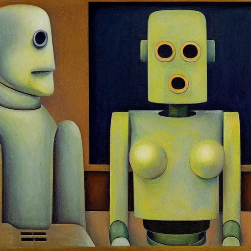 Prompt: three brutalist robot judges portrait, grant wood, pj crook, edward hopper, oil on canvas