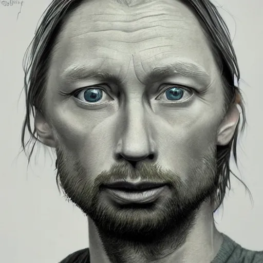 Image similar to Caricature portraits done of a young Thom Yorke, realistic, hyperrealistic, very realistic, highly detailed, very detailed, extremely detailed, detailed, oil painting, digital art, trending on artstation