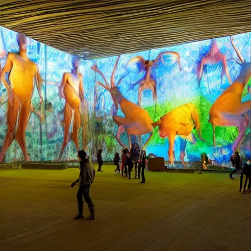 Image similar to A beautiful art installation of a group of creatures that looks like a mix of different animals. Most of the creatures have human-like features, such as arms and legs, and some are standing upright while others are crawling or flying. flax, blue hour by Pipilotti Rist geometric