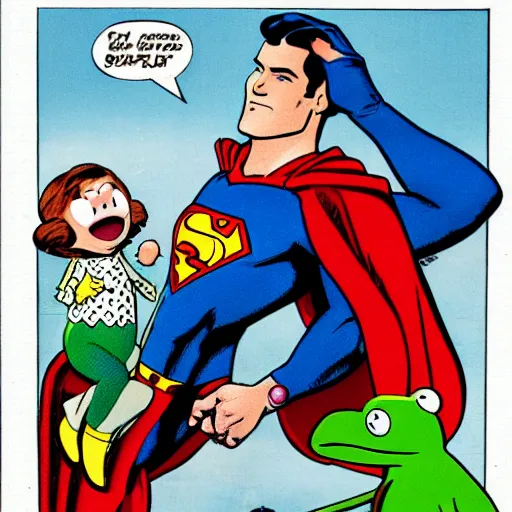 Prompt: superman holding kermit the frog by the throat, floating, superheroes, comic