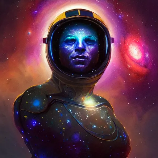 Prompt: Portrait of a cosmic god, space suit made of stars, galaxy and nebulas, intricate, cinematic lighting, highly detailed, digital painting, artstation, concept art, smooth, sharp focus, illustration, art by Artgerm and Greg Rutkowski