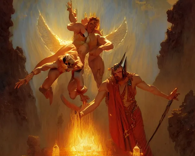 Image similar to attractive male deity, casting demonic magic, summoning handsome lucifer morning star. highly detailed painting by gaston bussiere, craig mullins, j. c. leyendecker 8 k