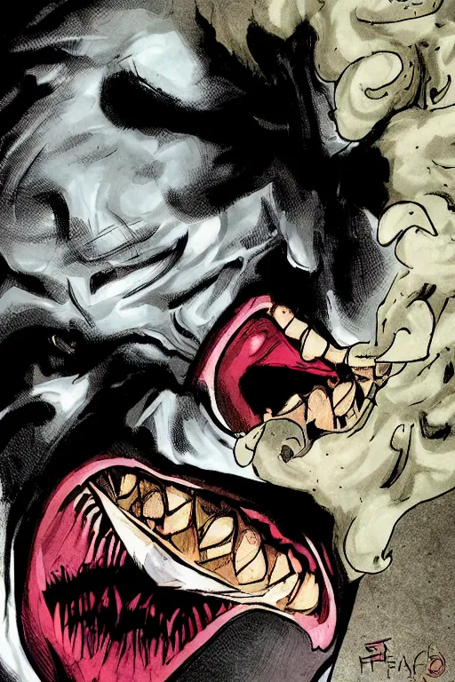 Image similar to angry joker, clenching teeth, with ghost smokes behind, illustration, jason fabok style, fantasy color scheme