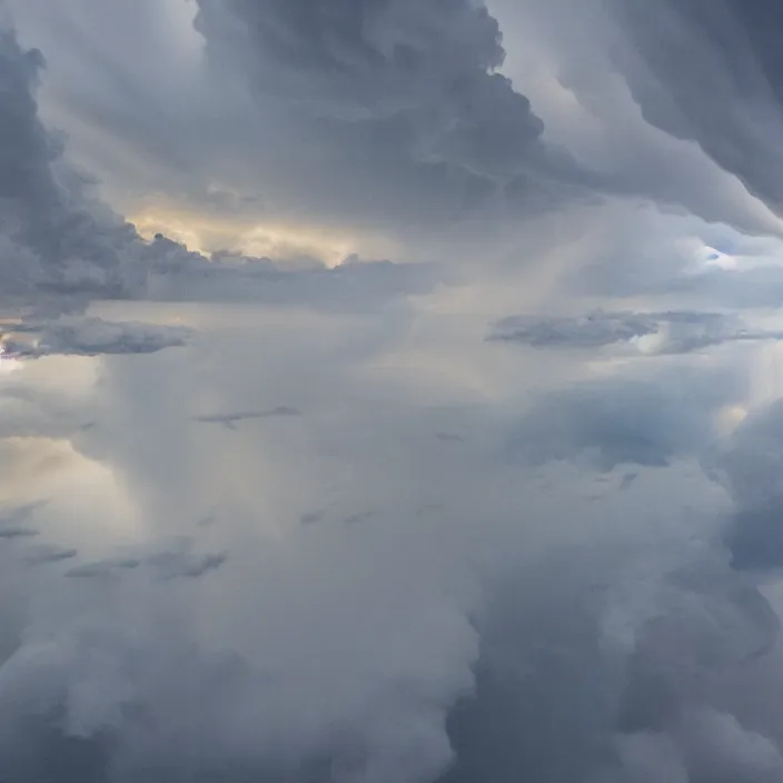 Image similar to Endless storm clouds towering high, seen from a plane, a lightning is visible, no ground visible, very detailed, 8k resolution, pale yellow hue with brown shadows