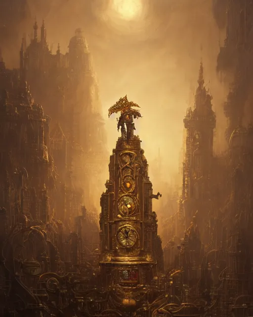 Image similar to oil painting of intricate ornate golden Steampunk Golem, sharp focus, fantasy style, steampunk city background, octane render, volumetric lighting, 8k high definition, by greg rutkowski, highly detailed, trending on art Station, rays of light