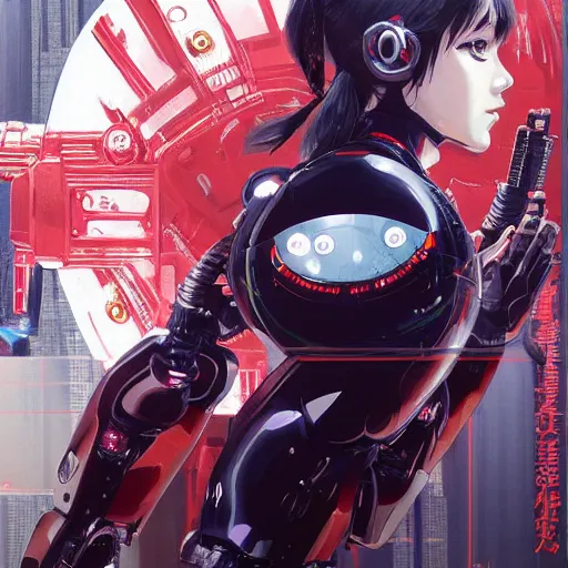 Image similar to A cyborg girl with big and cute eyes, fine-face, realistic shaded perfect face, fine details. red, black and white robotic parts. Very Anime.realistic shaded lighting poster by Ilya Kuvshinov katsuhiro otomo ghost-in-the-shell, magali villeneuve, artgerm, Jeremy Lipkin and Michael Garmash, Rob Rey and Kentarõ Miura style, trending on art station