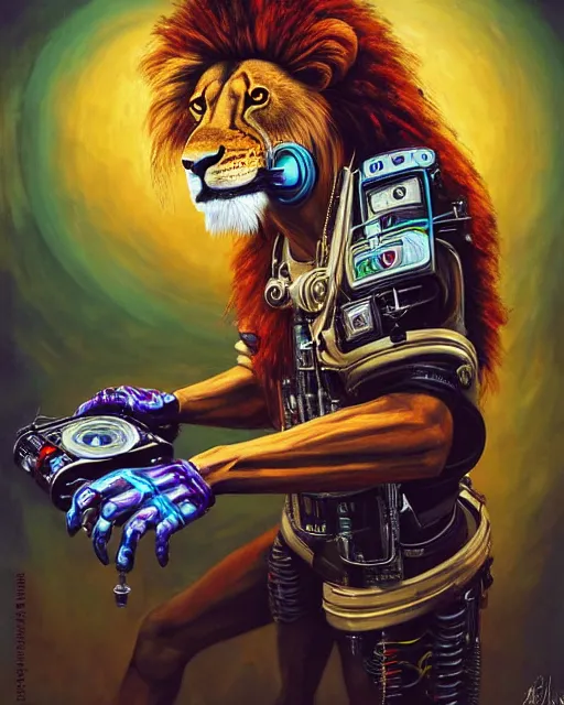 Image similar to a portrait of an anthropomorphic cyberpunk lion playing congas by sandra chevrier, by jon foster, detailed render, tape deck, epic composition, cybernetics, 4 k realistic, cryengine, realistic shaded lighting, sharp focus, masterpiece, by enki bilal