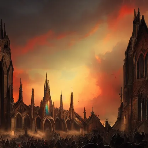 Prompt: powerful epic invasion, gothic church un the middle of the scene, sunset orange clouds, trending artstation