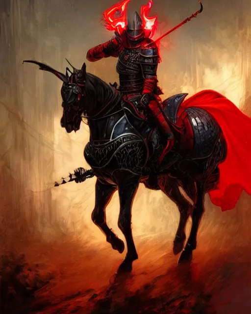 Prompt: a knight in black and red armor with glowing red eyes on horseback, intricate, highly detailed, artstation, concept art, dynamic lighting, illustration, sharp focus, Magic the Gathering art, art by ralph horsley, greg rutkowski, alphonse mucha