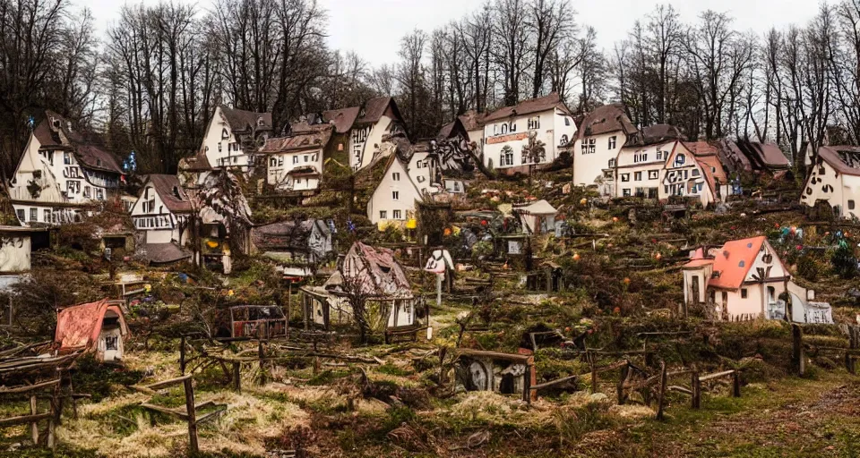 Image similar to an eerie abandoned village in the black forest decorated with christmas lights