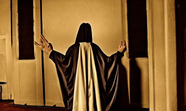 Image similar to cultist in robe with mask and gloves, satanic church interior, ceremonial, realistic photo, cctv footage, horror lighting, dim lighting