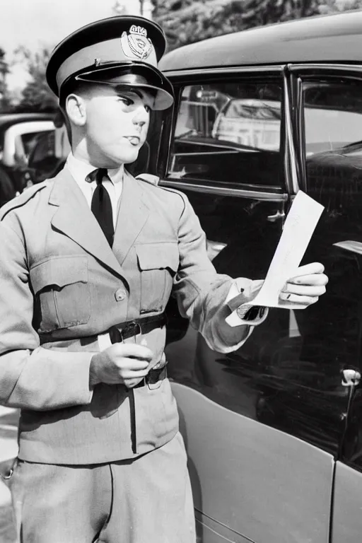 Image similar to a 1 9 5 0 s police officer issuing a ticket on a car