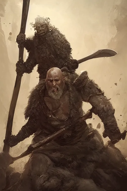 Image similar to A huge, imposing bald man with ashen skin, clothed in ragged furs, wielding a great battle-axe and screaming at the sky, surrounded by a pile of inanimate bodies. D&D, fantasy, dnd, intricate, highly detailed, smooth, artstation, digital illustration by Ruan Jia and Mandy Jurgens and Artgerm and Wayne Barlowe and Greg Rutkowski and Zdislav Beksinski
