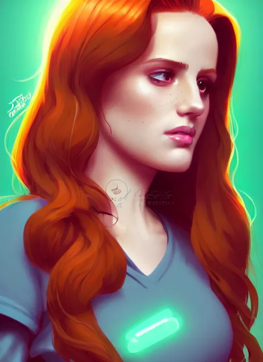 Image similar to full body portrait of teenage cheryl blossom, bangs, green eyes, mischievous expression, red hair, sultry smirk, bangs and wavy hair, intricate, elegant, glowing lights, highly detailed, digital painting, artstation, concept art, smooth, sharp focus, illustration, art by wlop, mars ravelo and greg rutkowski