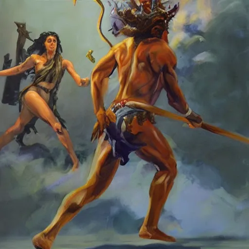 Image similar to detailed illustration of perseus vs medusa, hyper detailed, realistic, oil painting, artwork by greg manchess, cinematic lighting