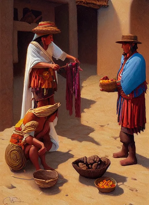 Prompt: a beautiful painting of an incan woman exchanging food and fabrics with an incan man, art by christophe vacher