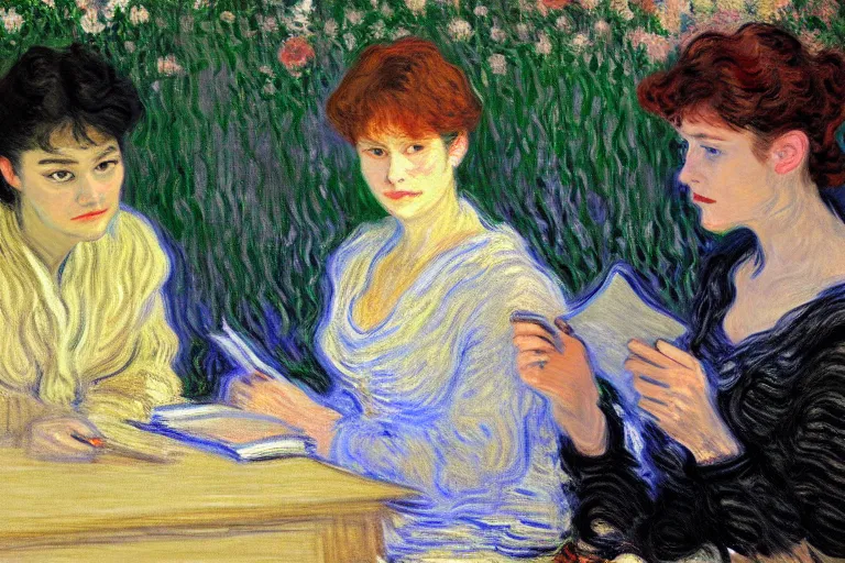 Image similar to portrait of two wise and very beautiful women discussing some texts appearing in a computer screen, art by monet, intricate, elegant, highly detailed, smooth, sharp focus, artstation