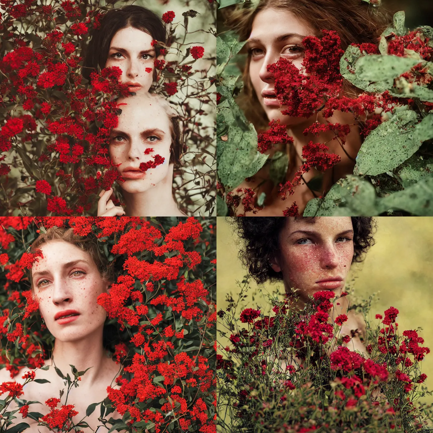 Prompt: A head and shoulder frontal face portrait photography of a freckled woman surrounded by big black dark leaves and red flowers by Annie Leibovitz. Lookbook. Golden hour. Kodak Color Plus 200 film. extremely detailed hyperrealist. Rembrandt light style. swirly bokeh. warm light. muted colors. lens flare. photoreal. Medium format photography. Leica M9.