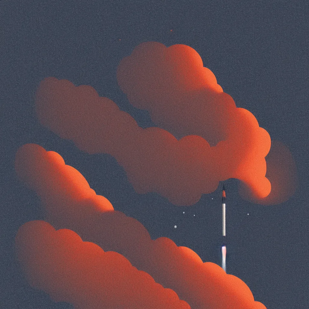 Image similar to rocket launch through clouds, mads berg, karolis strautniekas, film noir, stippled light, dramatic lighting, editorial illustration, detailed, fine texture, matte print, art deco, brutalism, dark blue + dark orange, red, black, ( ( habitat 6 7 background ) )