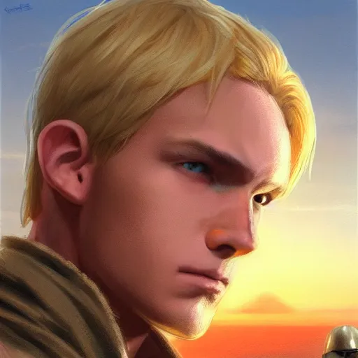 Image similar to a young blonde male jedi with short hair standing still looking at the sunset concept art by Doug Chiang cinematic, realistic painting, high definition, concept art