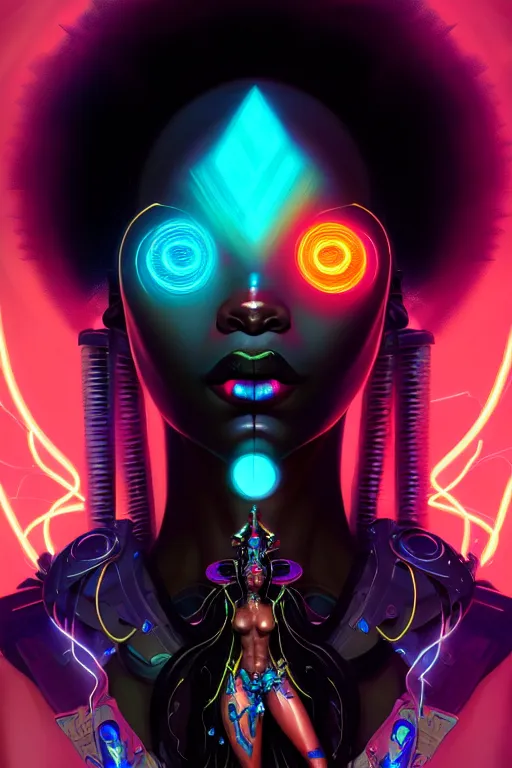 Prompt: aceportrait of a beautiful ebony cyberpunk goddess of lightning, highly detialed, glowing magic around her, symmetrical, divine proportion, cinematic unreal engine, hypermaximalist, ornate, peter mohrbacher, yoshitaka amano, sparth, craig mullins, detailed, light scheme intricate ink illustration