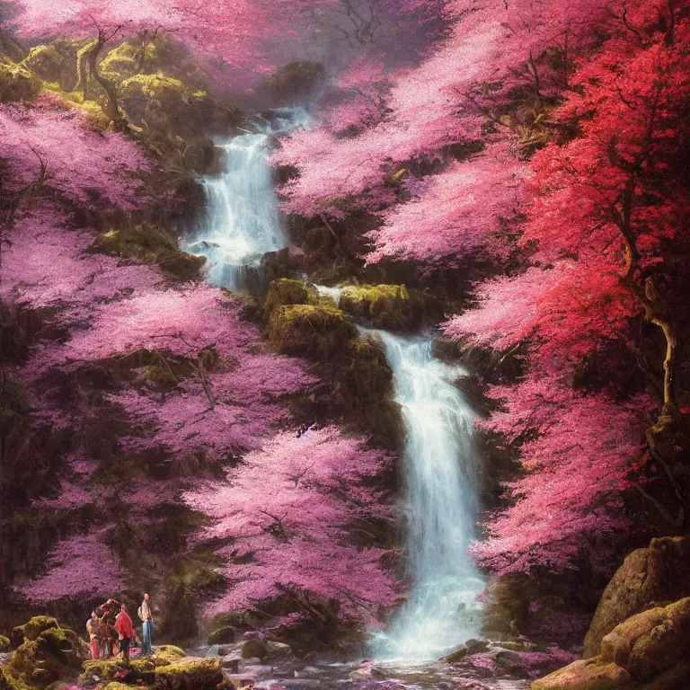 Image similar to A beautiful oil painting of a very tall waterfall on a very rocky cliff, in the middle of a huge forest of cherry blossom trees with bright pink glowing leaves, by Greg Rutkowski