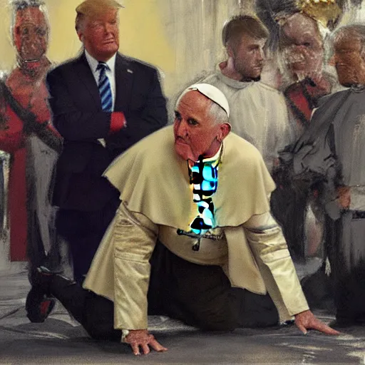 Prompt: pope kneeling in front of donald trump, detailed by greg manchess, craig mullins, bernie fuchs, walter everett