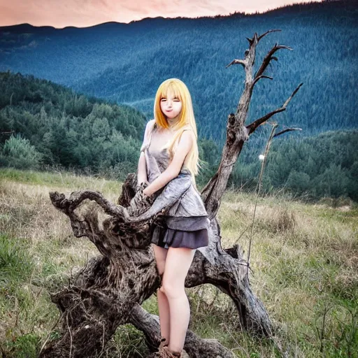 Image similar to misa amane standing near a beautiful landscape, mountain with a dead tree in the background, sunset with cloudy skies, in a different realm, award winning dslr photography, clear image, global illumination, radiant lighting, intricate environment