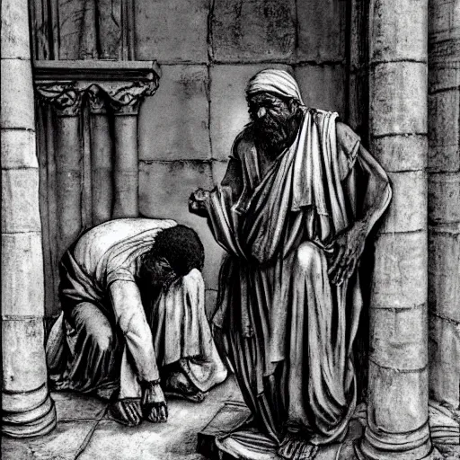 Image similar to ragged leper begging for coins on a streetcorner in biblical times. The street is very dusty. The leper wears brown sandals. art by michaelangelo. Black, white, red color scheme. Tricolor image. Black, white, red.