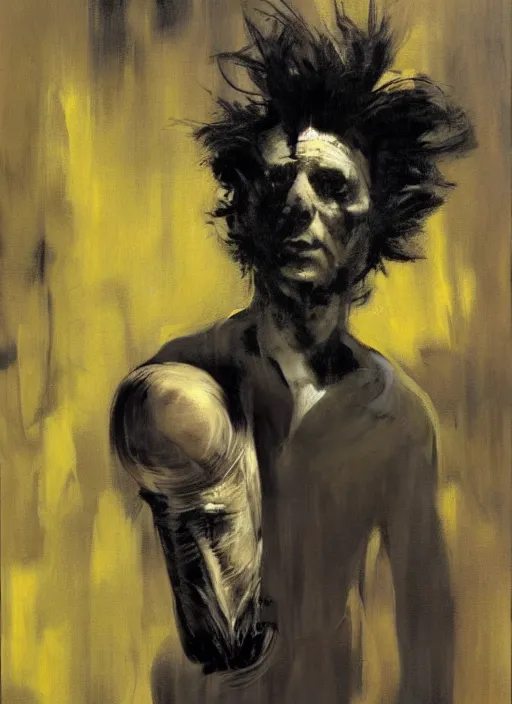 Prompt: eraserhead, painting by phil hale, fransico goya,'action lines '!!!, graphic style, visible brushstrokes, motion blur, blurry, visible paint texture, crisp hd image