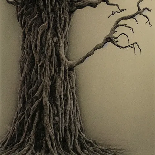 Prompt: grunge drawing of a tree by - Zdzisław Beksiński , corpse bride style, horror themed, detailed, elegant, intricate