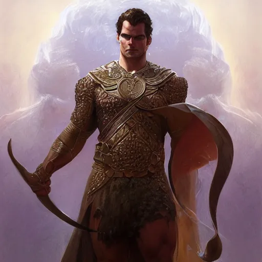 Image similar to portrait of henry cavill as a heavenly god, full body, muscular, fantasy, intricate, elegant, highly detailed, digital painting, artstation, concept art, matte painting, sharp focus, illustration, art by artgerm and greg rutkowski and alphonse mucha