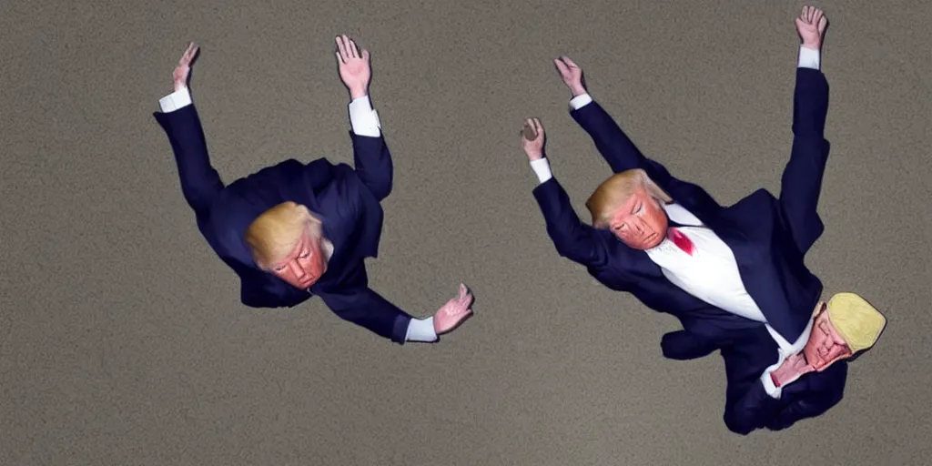 Prompt: Donald Trump falling off a bridge with a look of panic on his face, overhead view, photorealistic