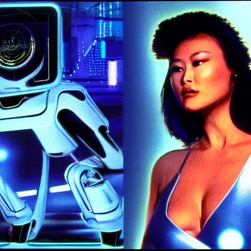 Image similar to a VHS still of a concept art with a photo of Tia Carrere as a solarpunk robotic humanoid with white mechanical parts with led lights, vaporwave artwork composition, in the movie Lifeforce (1985) 8k, intricate, VHS glitch