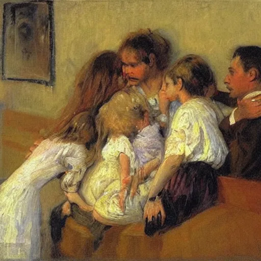 Image similar to A painting of a family crying in the style on Ilya Repin