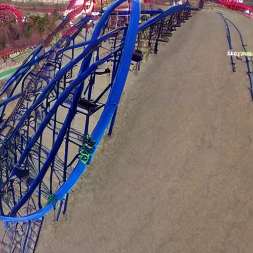 Image similar to front row go pro footage of a rollercoaster with an upcoming broken section of track