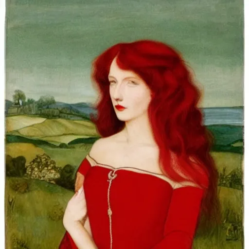 Prompt: A woman with heel-length red hair, red lips, she brushes her hair in a Pre-Raphaelite style