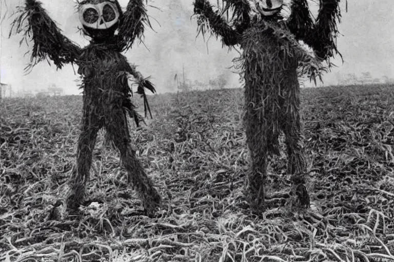 Image similar to horrifying scarecrow from the early 1 9 0 0's burning down the cornfields