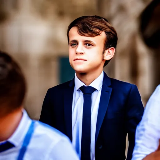 Prompt: the 10 years old grandson of Emmanuel Macron, 50mm photography, high quality, 4K