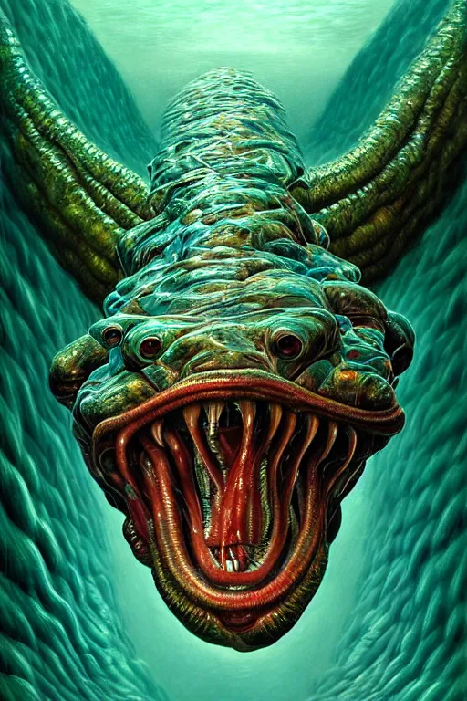 Prompt: hyperrealistic close-up surrealism underwater chimera monster!!! highly detailed concept art eric zener elson peter cinematic hard green lighting high angle hd 8k sharp shallow depth of field, inspired by David Paul Cronenberg and Zdzisław Beksiński