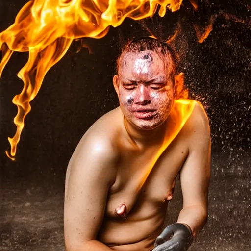 Prompt: a person bathing in boiling oil, portrait photograph