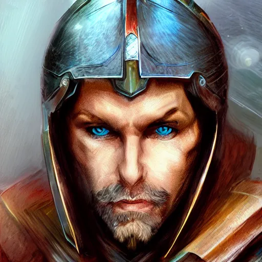 Image similar to concept art, portrait, 50 years old men, friendly, blonde, blue eyes, lite armor, high detail, digital art